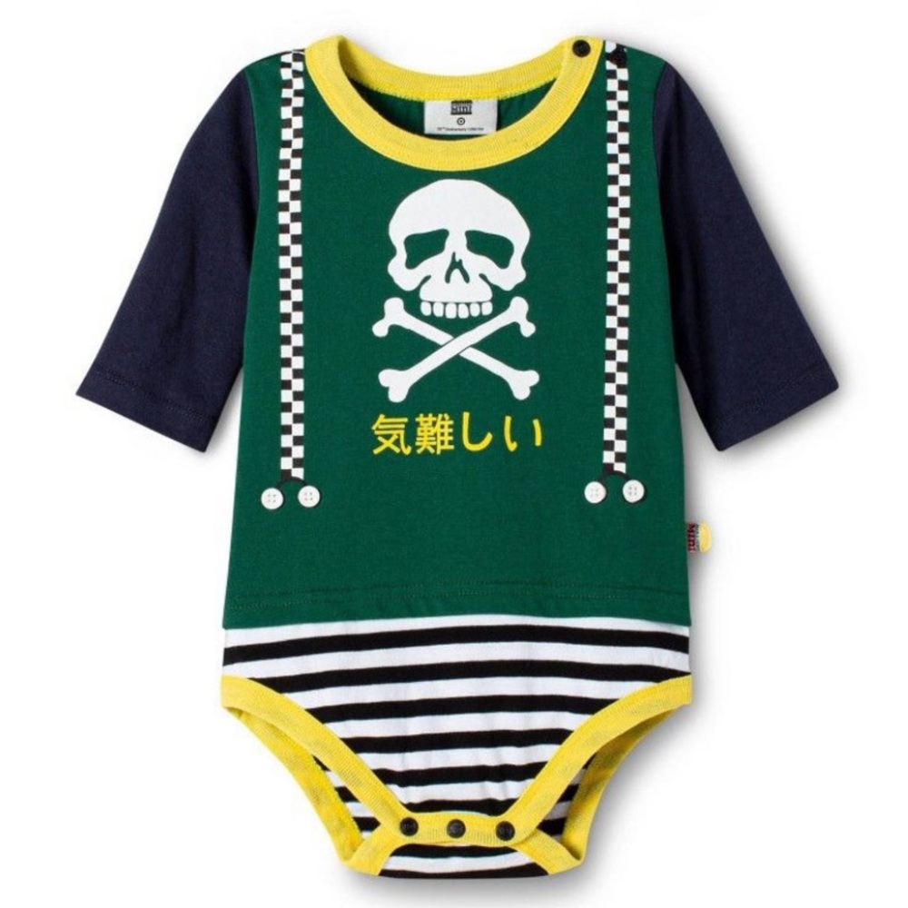 Harajuku Mini 12 mo. unisex suspender L/S mod detail romper, green/yellow